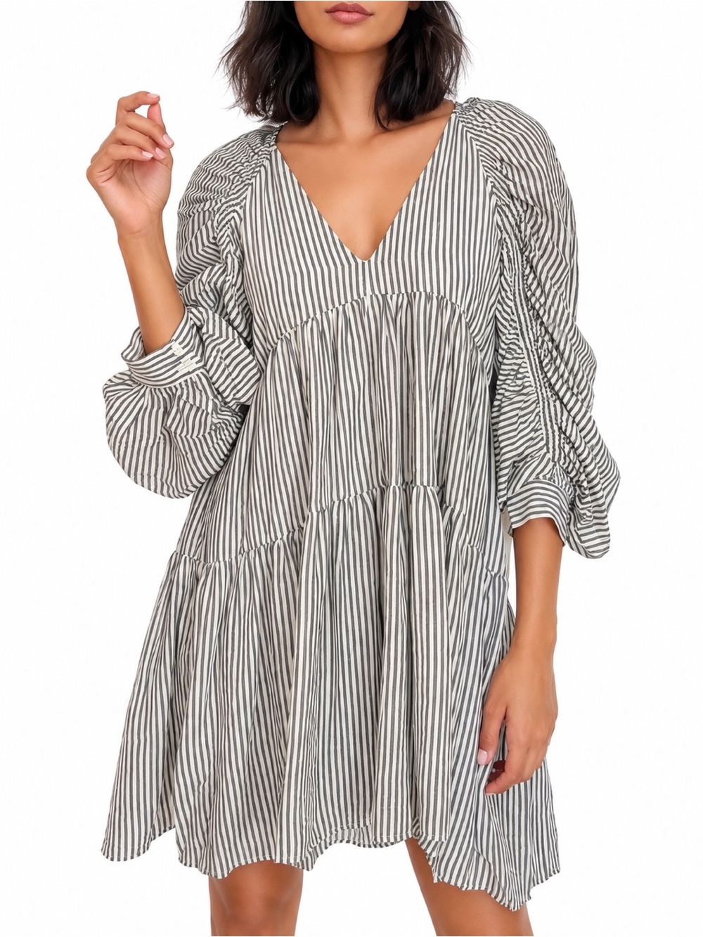 FRAME Striped Shirred Sleeve Tiered Mini Dress Blanc Multi XS